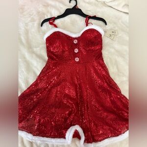 No Boundaries Red Sequin Santa Dress with White and Candy Cane Accents